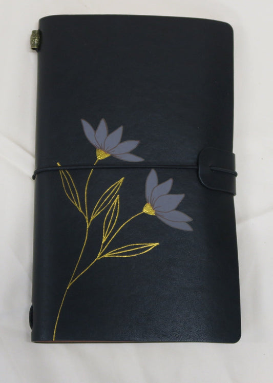 Double Blue Flowers Black Traveler's Journal